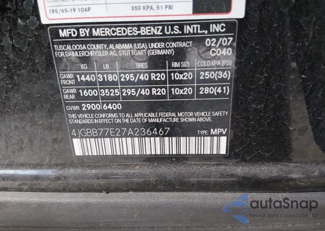 2007 Mercedes-Benz Ml 63 Amg 4Matic z USA, uszkodzony, nr VIN 4JGBB77E27A236467